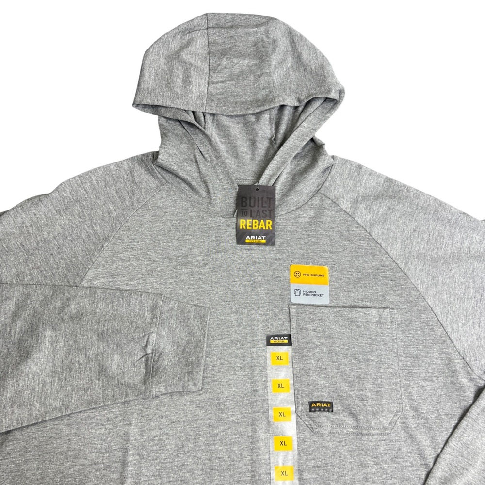 Ariat Rebar CottonStrong Mens XL Heather Grey Hooded Long Sleeve T-Shirt NWT